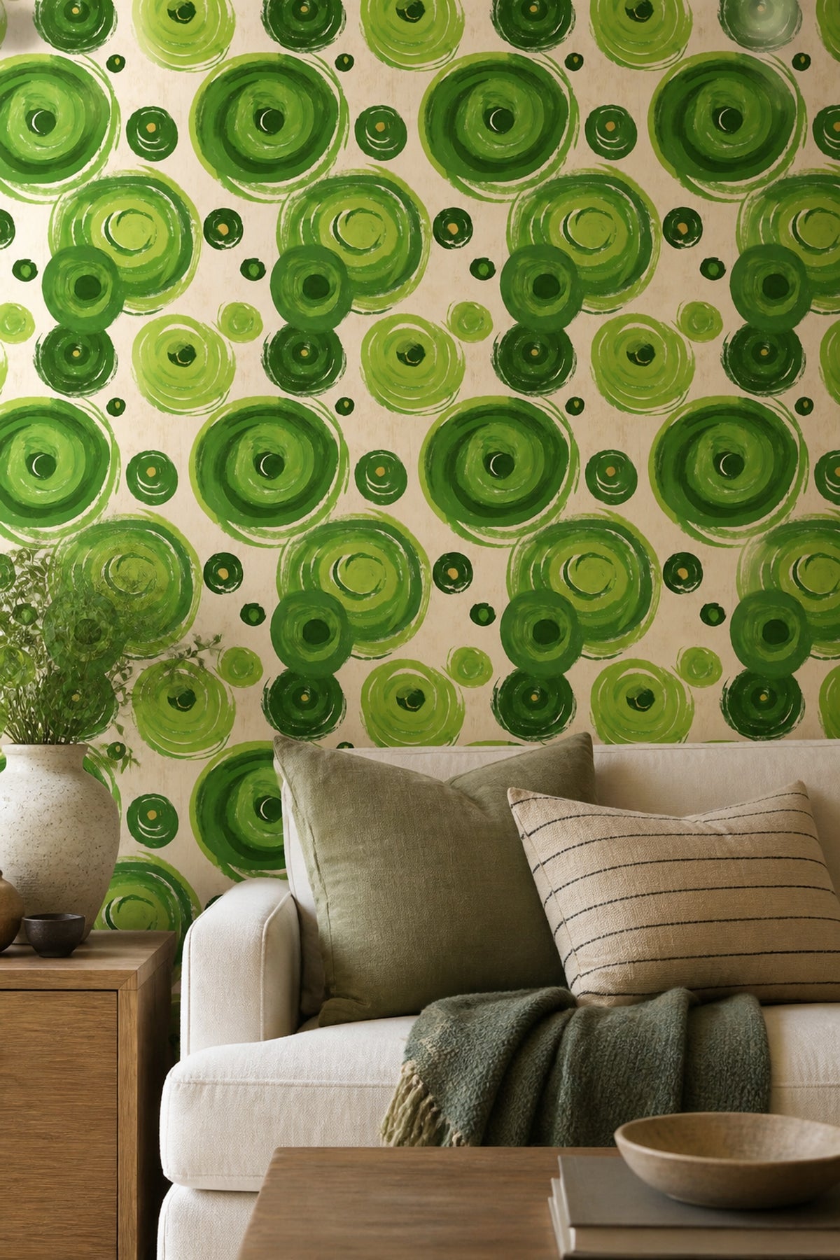 Retro Green Circle Wallpaper with Painterly Rings on Cream