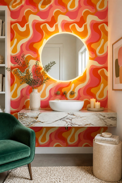 Retro Wavy Wallpaper Pink Orange Psychedelic Pattern