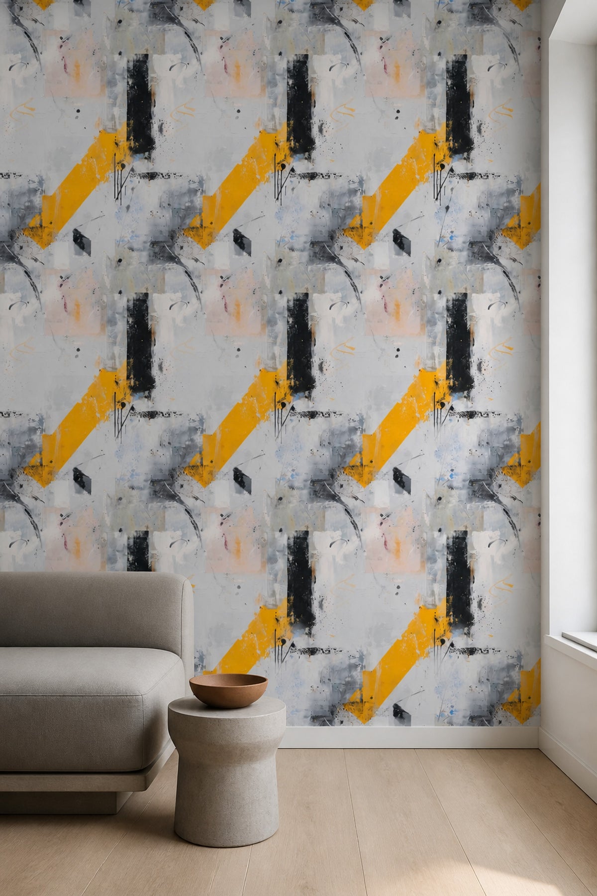 Abstract Wallpaper Yellow Black Modern Art Brushstroke Contemporary Pattern