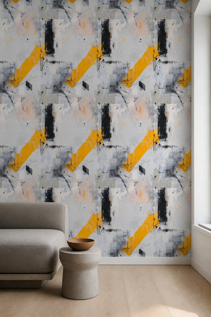 Abstract Wallpaper Yellow Black Modern Art Brushstroke Contemporary Pattern