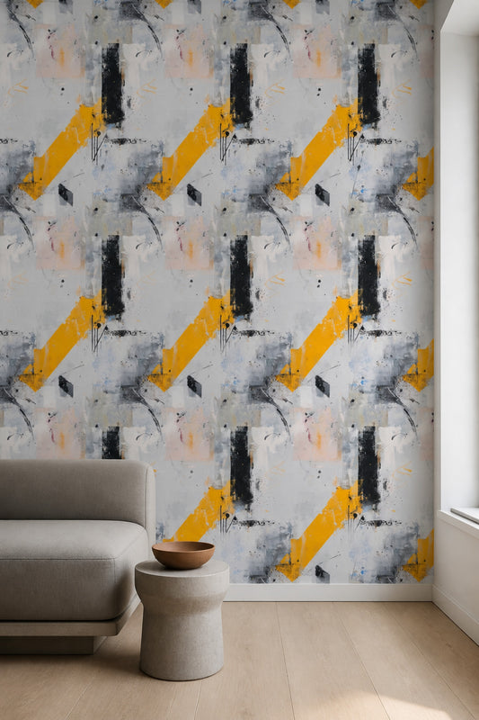 Abstract Wallpaper Yellow Black Modern Art Brushstroke Contemporary Pattern