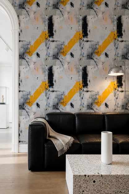Abstract Wallpaper Yellow Black Modern Art Brushstroke Contemporary Pattern