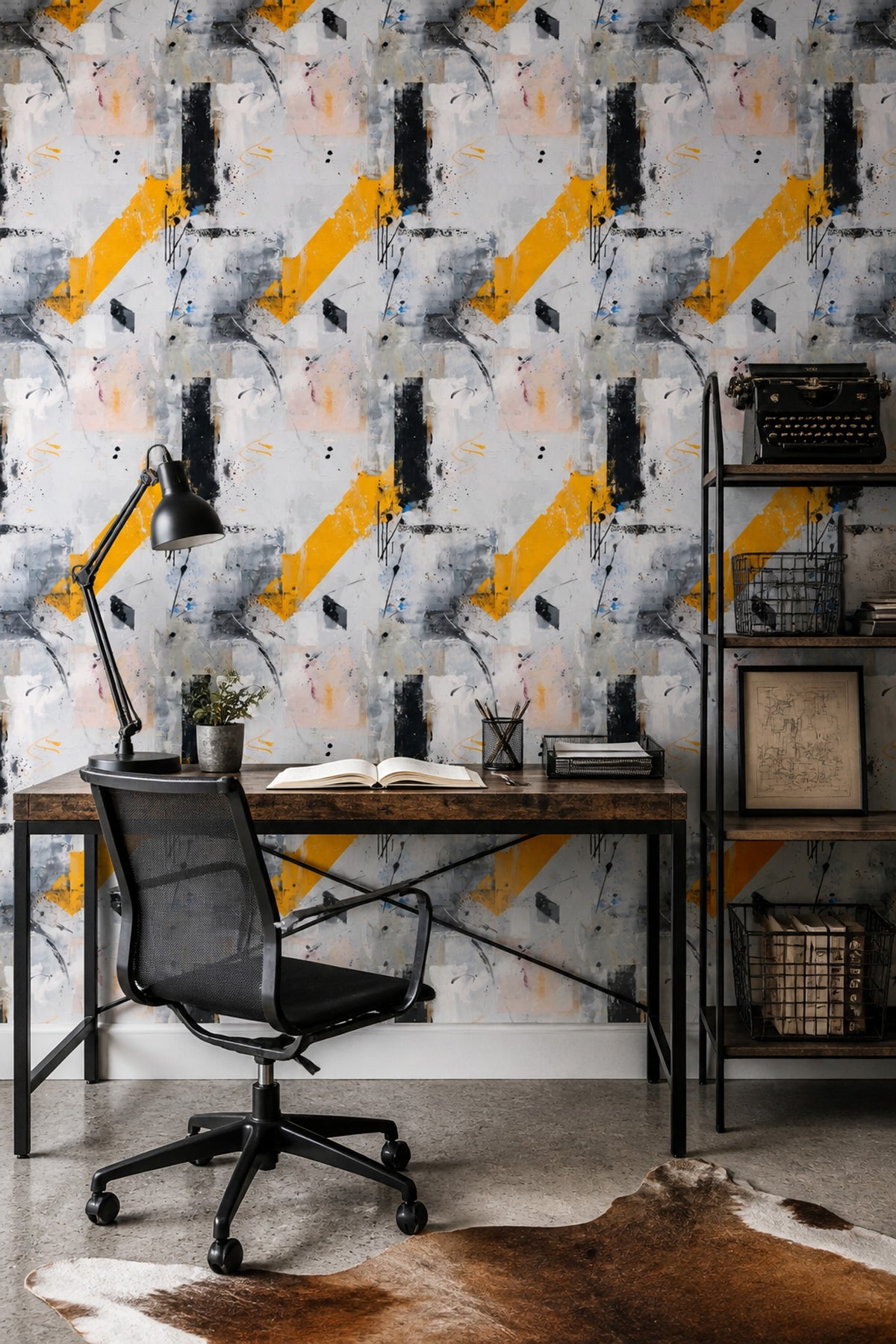 Abstract Wallpaper Yellow Black Modern Art Brushstroke Contemporary Pattern