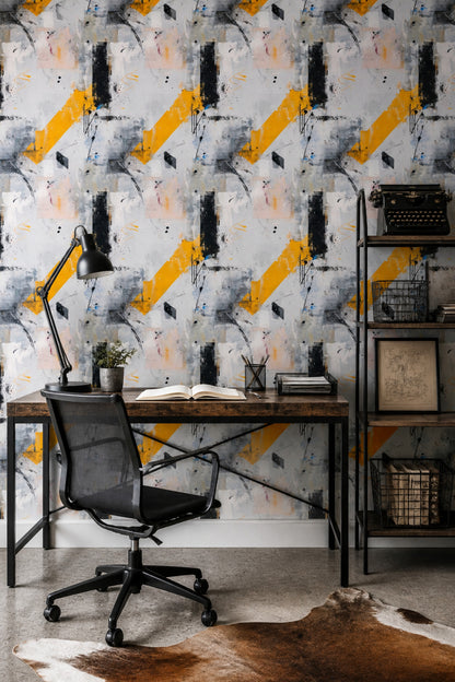 Abstract Wallpaper Yellow Black Modern Art Brushstroke Contemporary Pattern