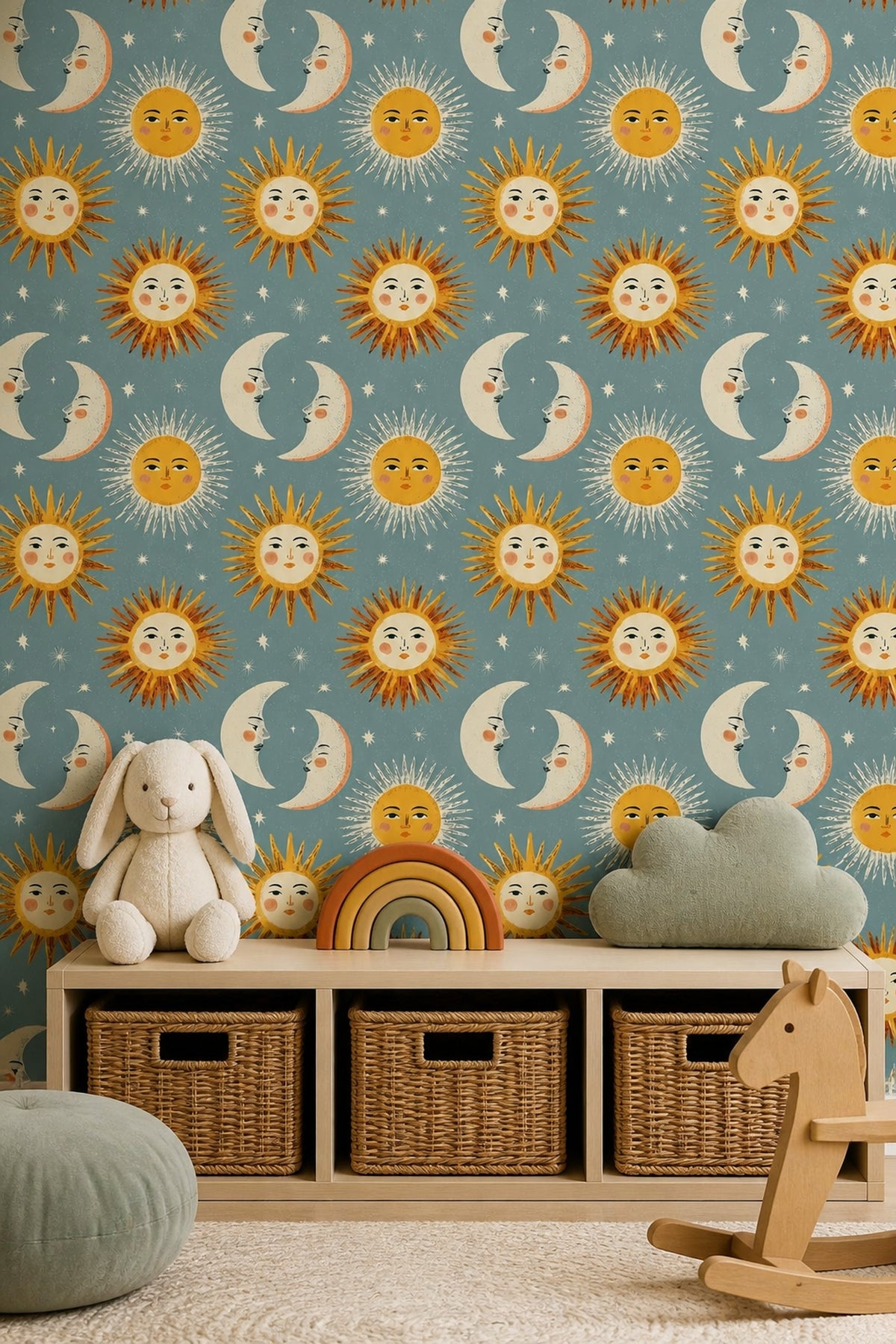 Sun and Moon Wallpaper Celestial Folk Art Pattern Whimsical Star Decor