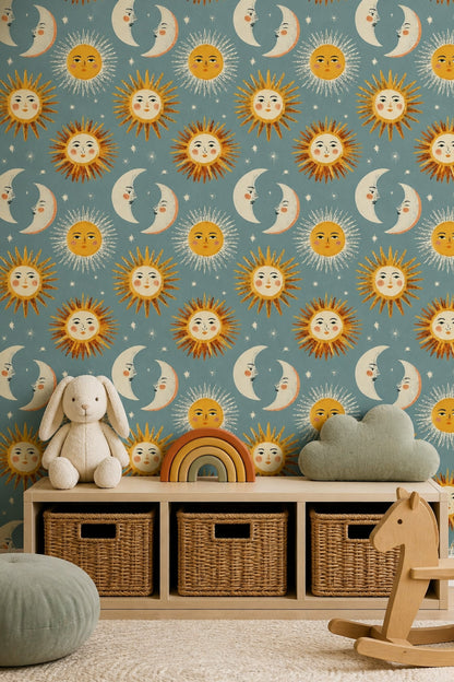 Sun and Moon Wallpaper Celestial Folk Art Pattern Whimsical Star Decor