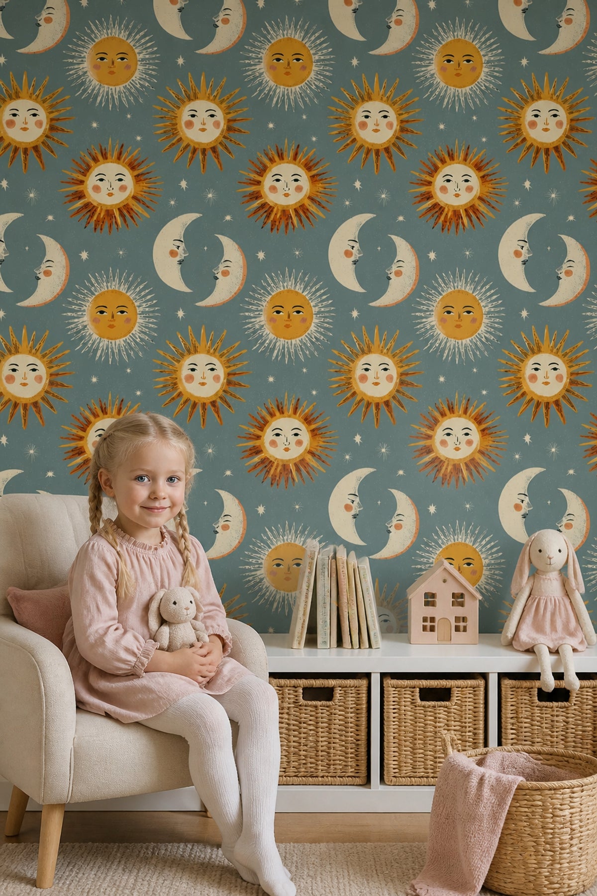 Sun and Moon Wallpaper Celestial Folk Art Pattern Whimsical Star Decor