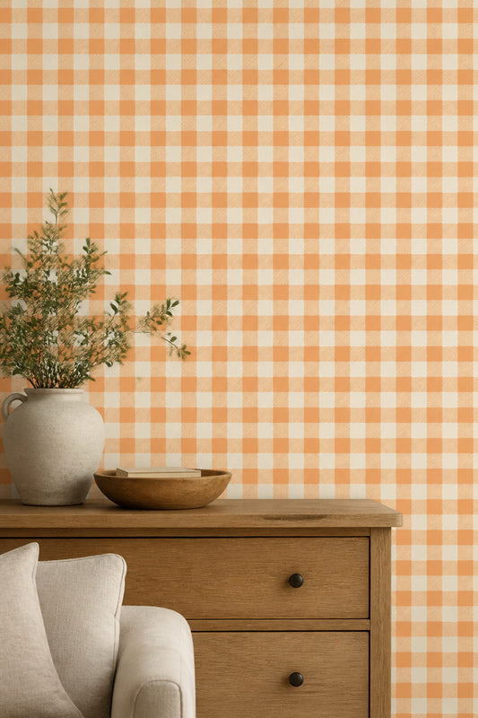 Orange Gingham Wallpaper Retro Checkerboard Plaid Pattern Cottage Decor
