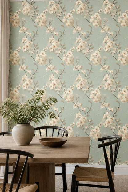 Blossom Branch Wallpaper Birds Sage Green Chinoiserie Pattern