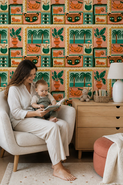 Tropical Folk Art Wallpaper Playful Jungle Collage Pattern