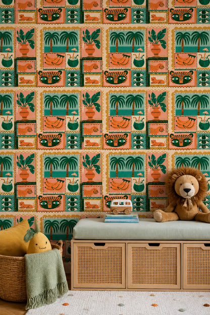 Tropical Folk Art Wallpaper Playful Jungle Collage Pattern