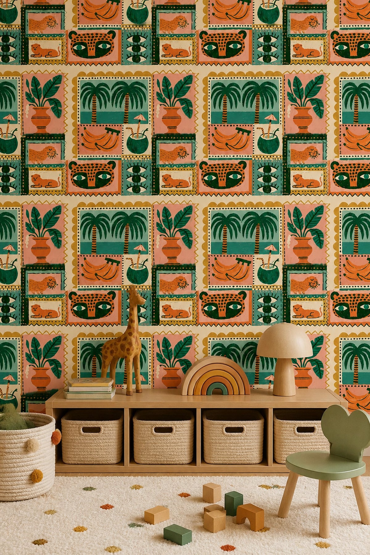 Tropical Folk Art Wallpaper Playful Jungle Collage Pattern