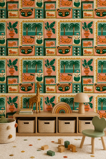 Tropical Folk Art Wallpaper Playful Jungle Collage Pattern