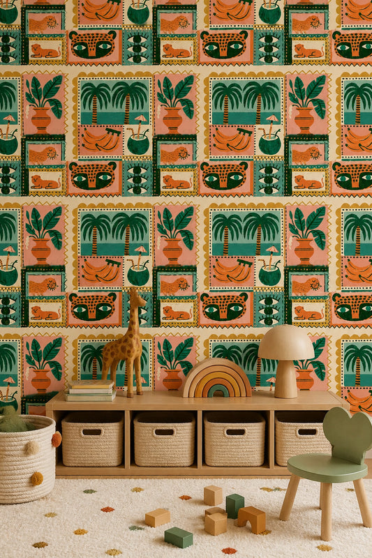 Tropical Folk Art Wallpaper Playful Jungle Collage Pattern