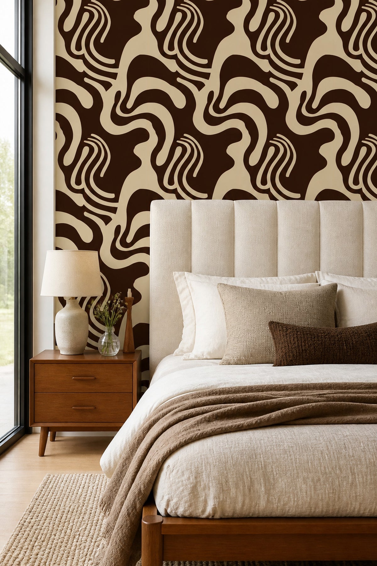 Retro Wavy Wallpaper in Chocolate Brown and Cream