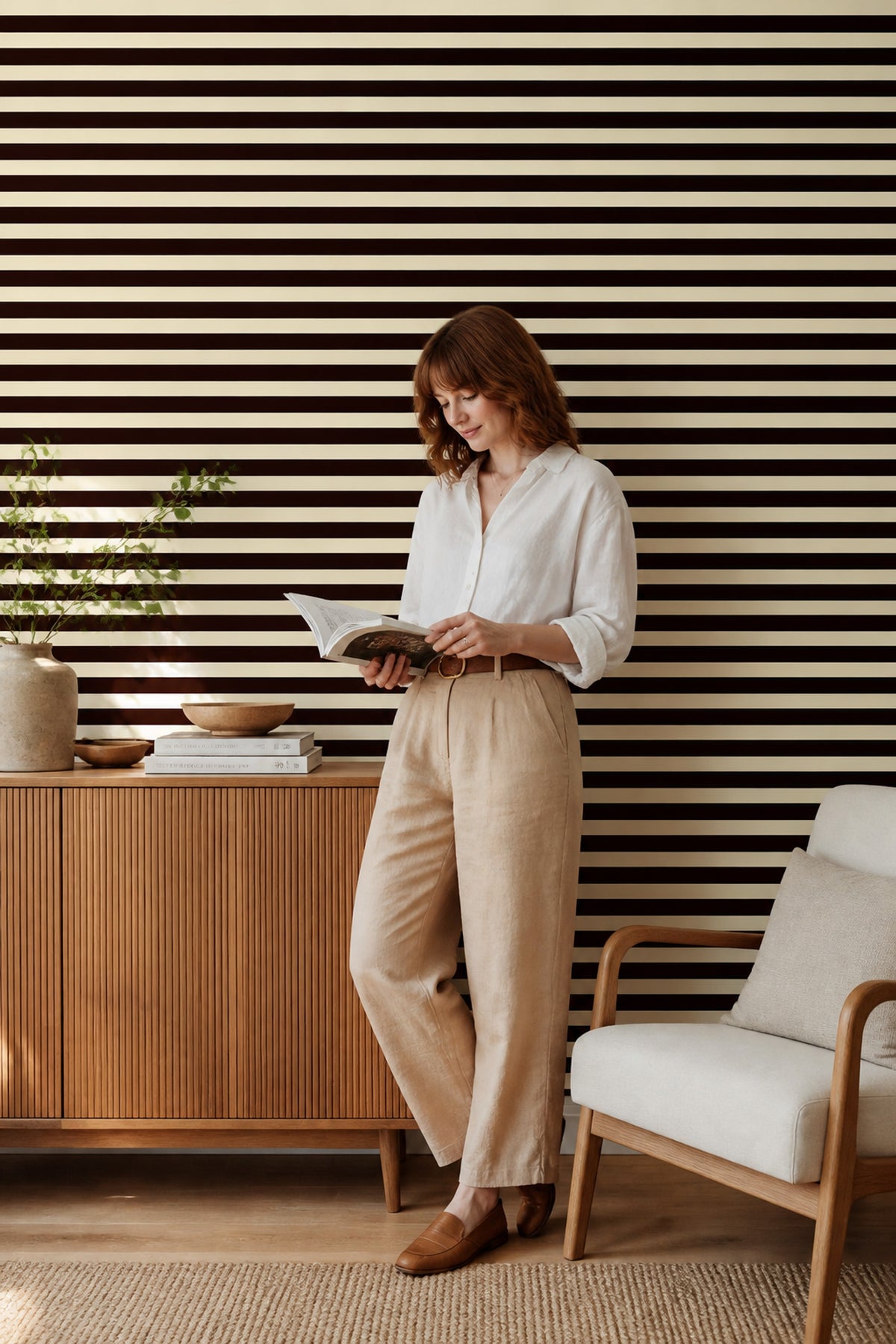 Espresso Brown Horizontal Stripe Wallpaper Modern Graphic Pattern