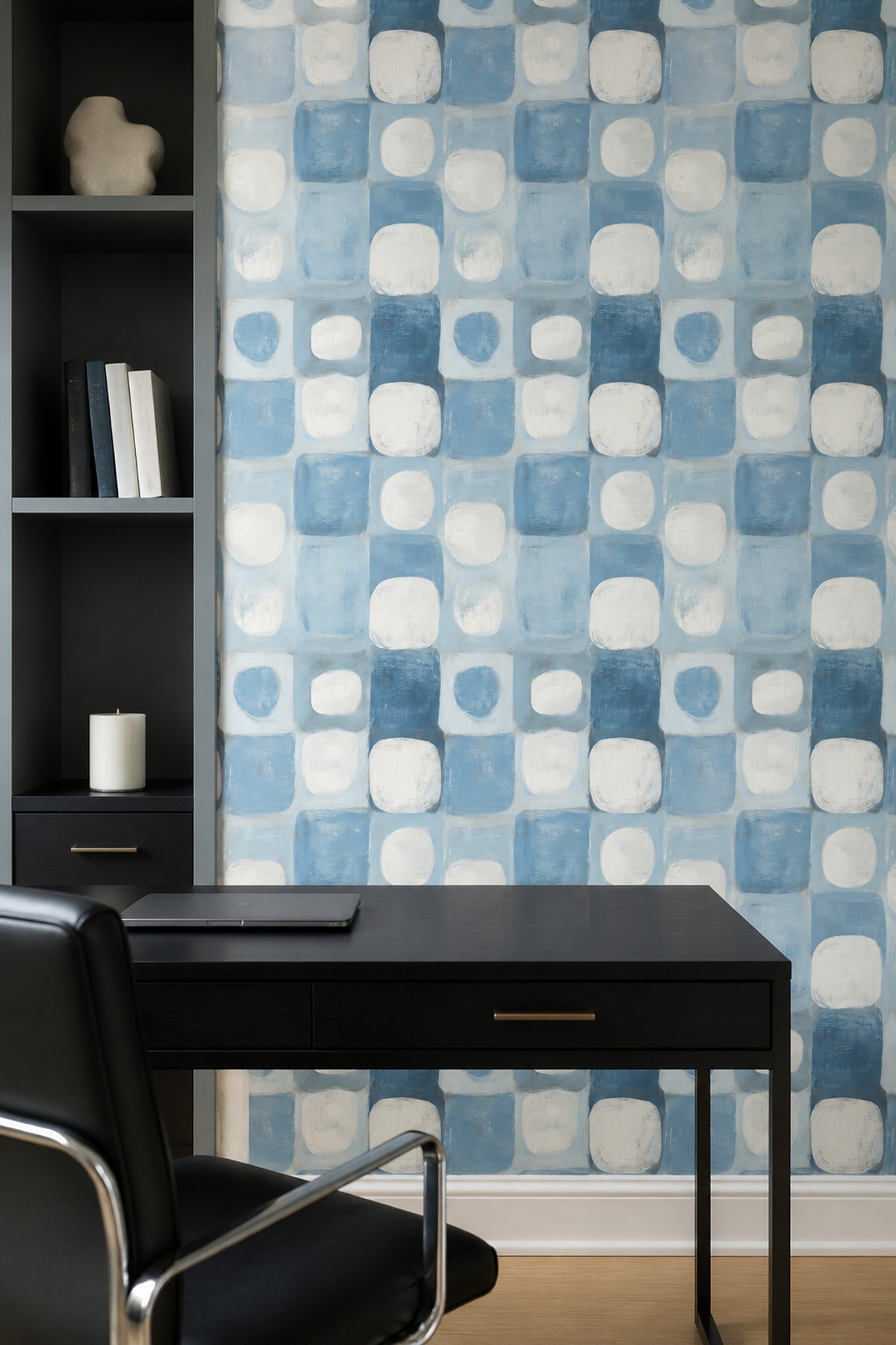 Blue Geometric Wallpaper with Painterly Squares and Ivory Accents