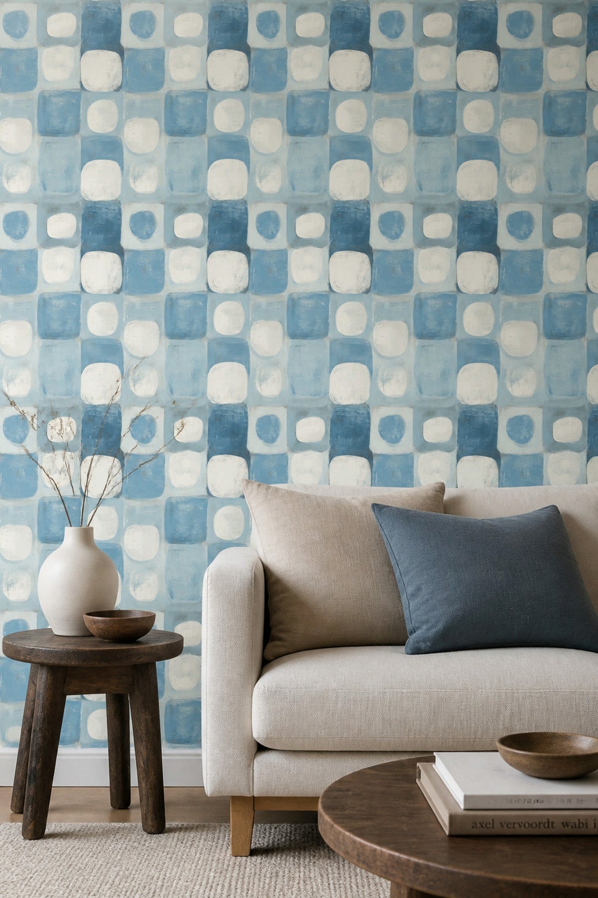 Blue Geometric Wallpaper with Painterly Squares and Ivory Accents