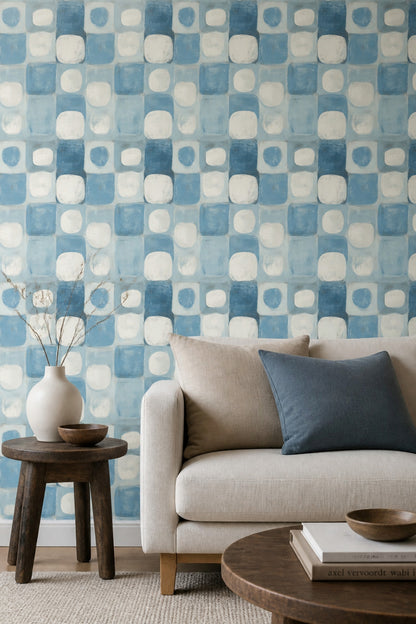 Blue Geometric Wallpaper with Painterly Squares and Ivory Accents