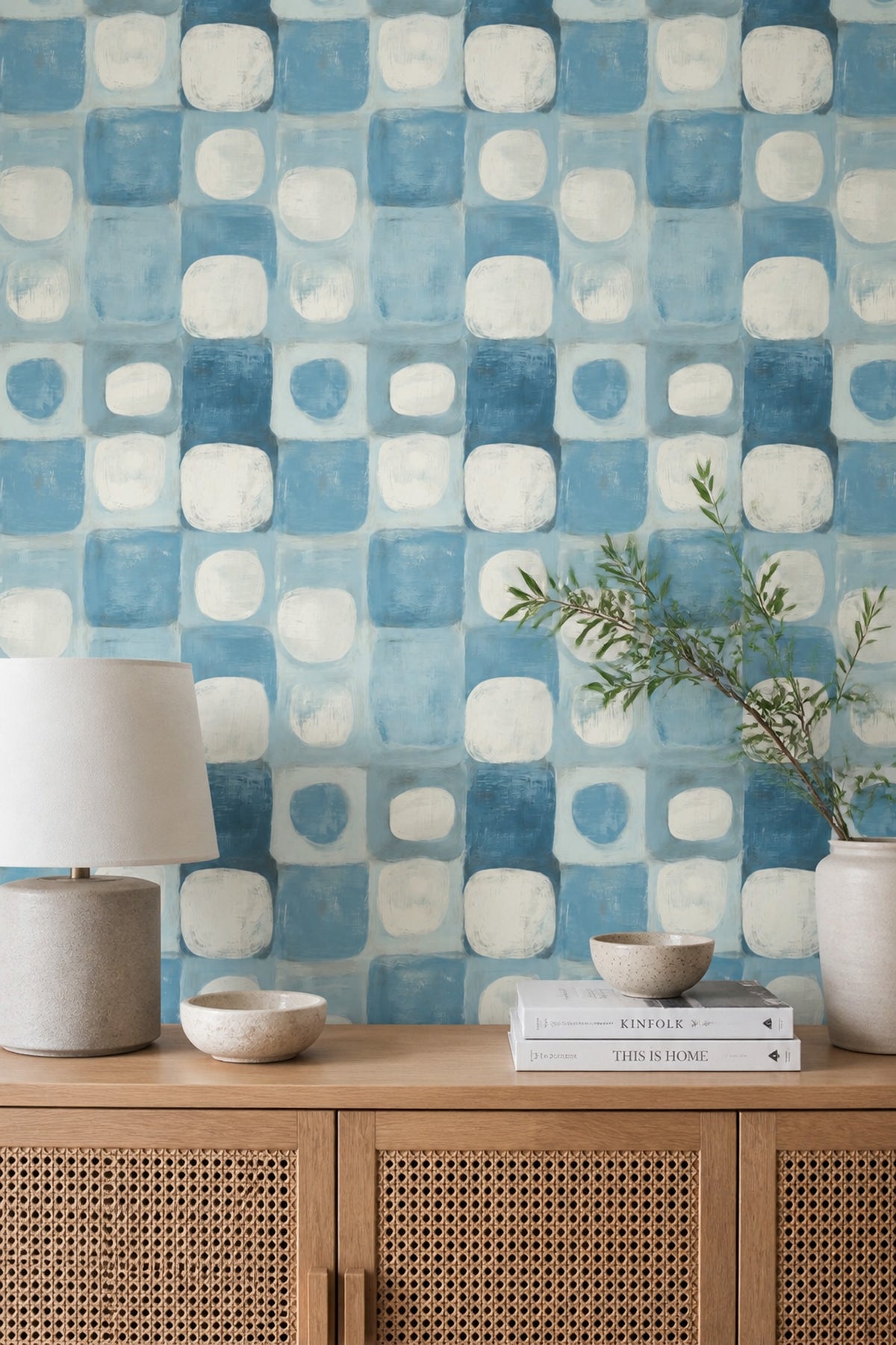 Blue Geometric Wallpaper with Painterly Squares and Ivory Accents