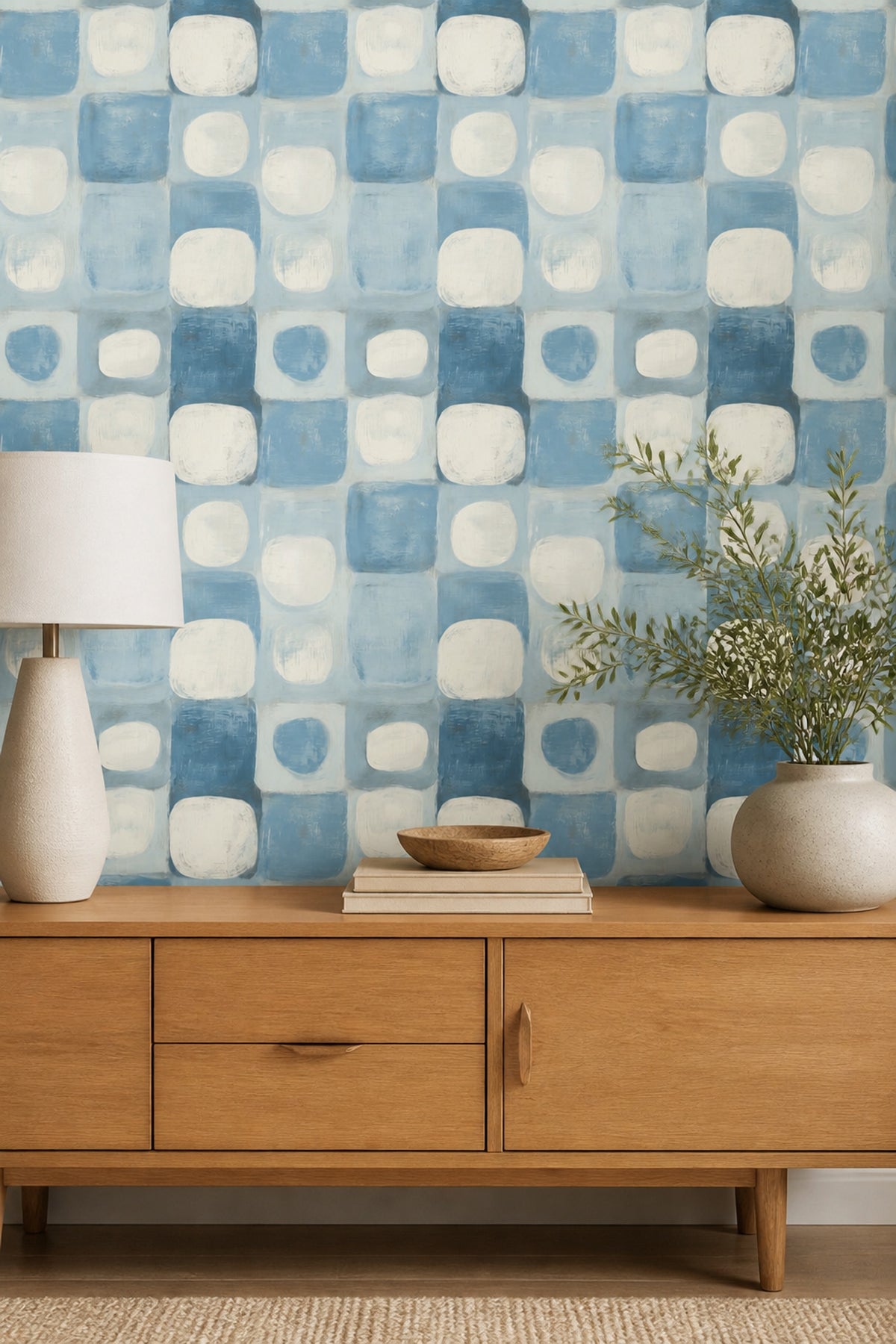 Blue Geometric Wallpaper with Painterly Squares and Ivory Accents