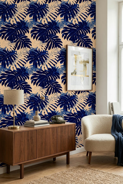 Navy Tropical Wallpaper Monstera Leaf Pattern