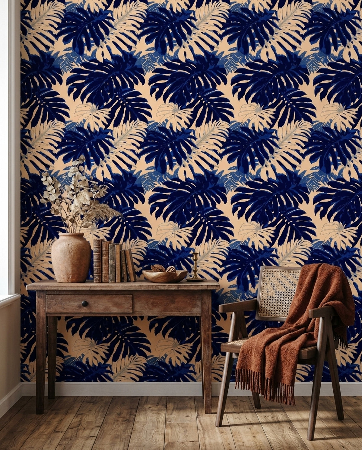 Navy Tropical Wallpaper Monstera Leaf Pattern
