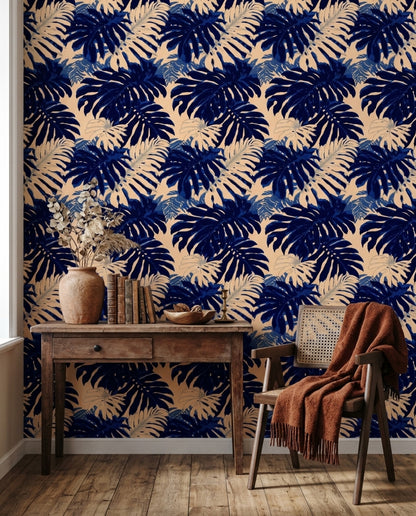 Navy Tropical Wallpaper Monstera Leaf Pattern