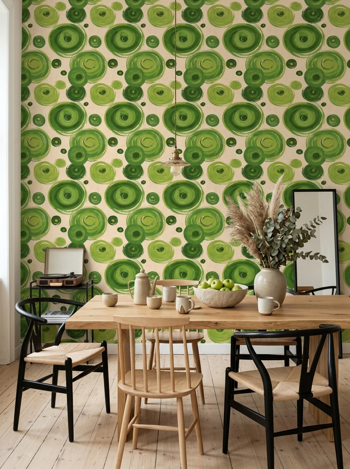 Retro Green Circle Wallpaper with Painterly Rings on Cream