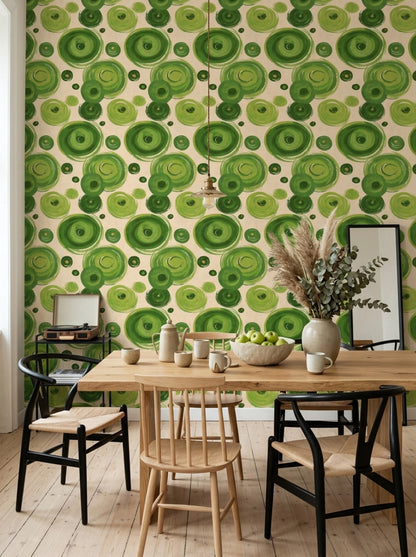 Retro Green Circle Wallpaper with Painterly Rings on Cream