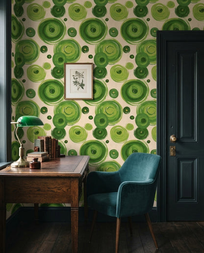Retro Green Circle Wallpaper with Painterly Rings on Cream