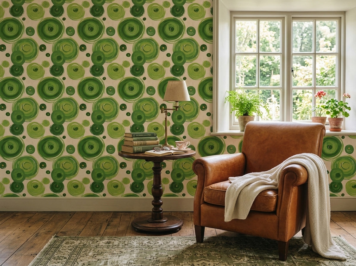 Retro Green Circle Wallpaper with Painterly Rings on Cream