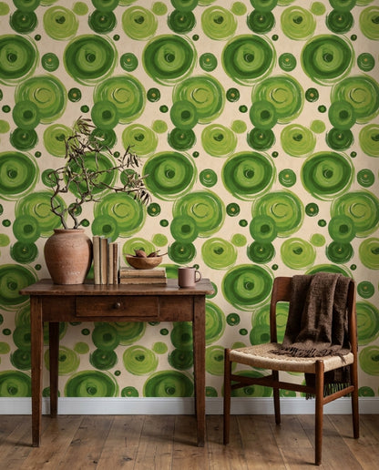 Retro Green Circle Wallpaper with Painterly Rings on Cream