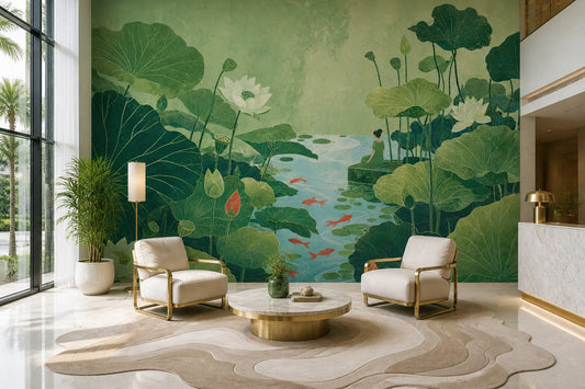 Lotus Pond Wall Mural Koi Fish Botanical Garden Art