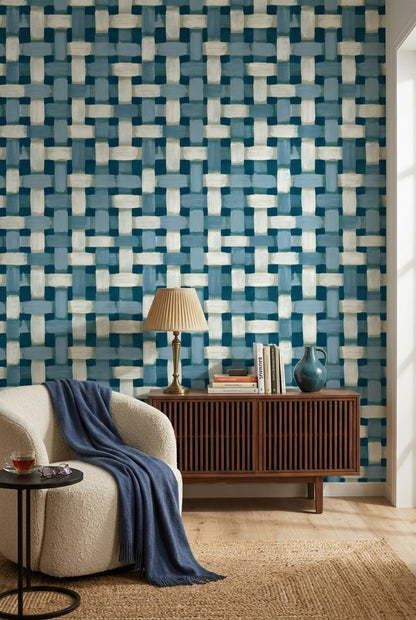 Woven Brushstroke Wallpaper Blue Geometric Pattern