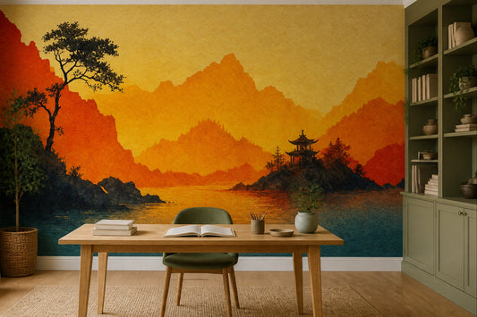 Golden Mountain Wall Mural Pagoda Sunset Landscape Art