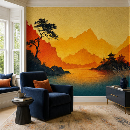Golden Mountain Wall Mural Pagoda Sunset Landscape Art