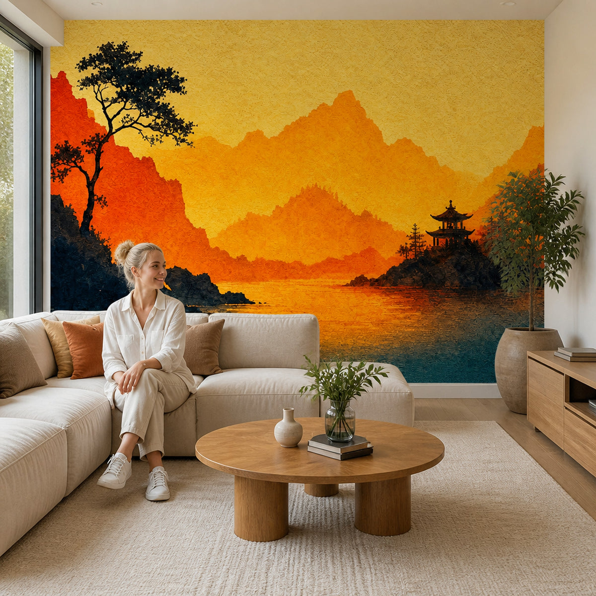 Golden Mountain Wall Mural Pagoda Sunset Landscape Art