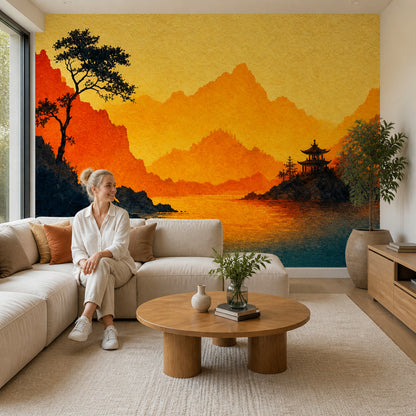 Golden Mountain Wall Mural Pagoda Sunset Landscape Art