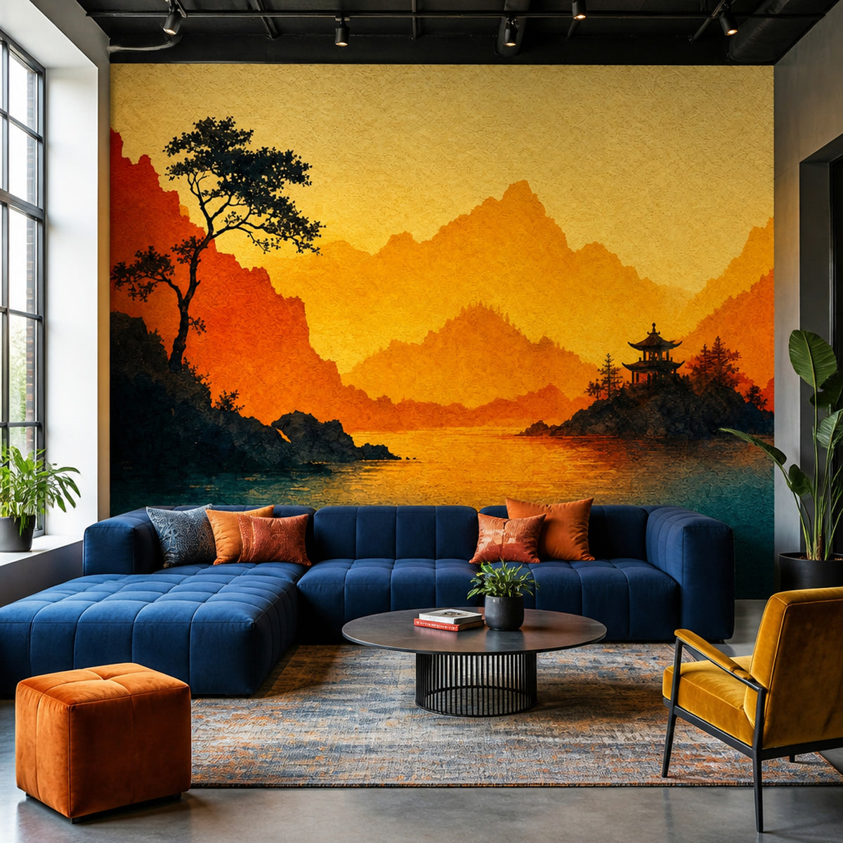 Golden Mountain Wall Mural Pagoda Sunset Landscape Art