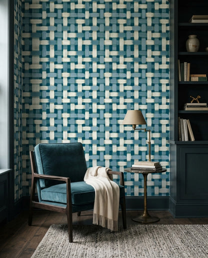 Woven Brushstroke Wallpaper Blue Geometric Pattern