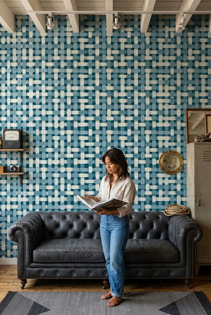 Woven Brushstroke Wallpaper Blue Geometric Pattern