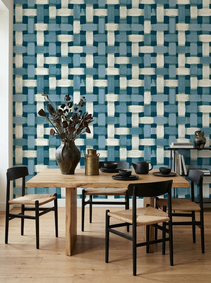 Woven Brushstroke Wallpaper Blue Geometric Pattern