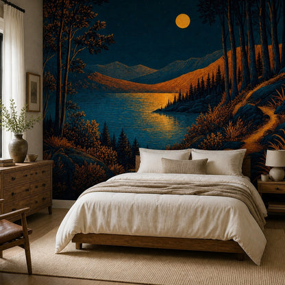 Moonlit Lake Wall Mural Mountain Forest Night Landscape