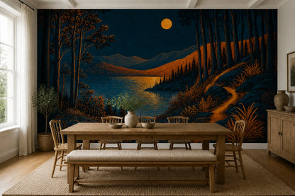 Moonlit Lake Wall Mural Mountain Forest Night Landscape