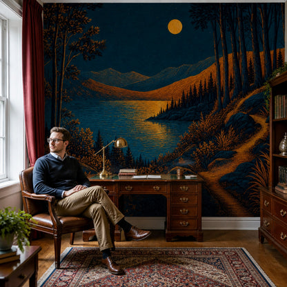 Moonlit Lake Wall Mural Mountain Forest Night Landscape