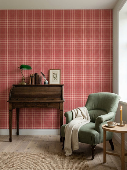 Red Grid Wallpaper Small Check Windowpane Pattern Woven Linen Texture