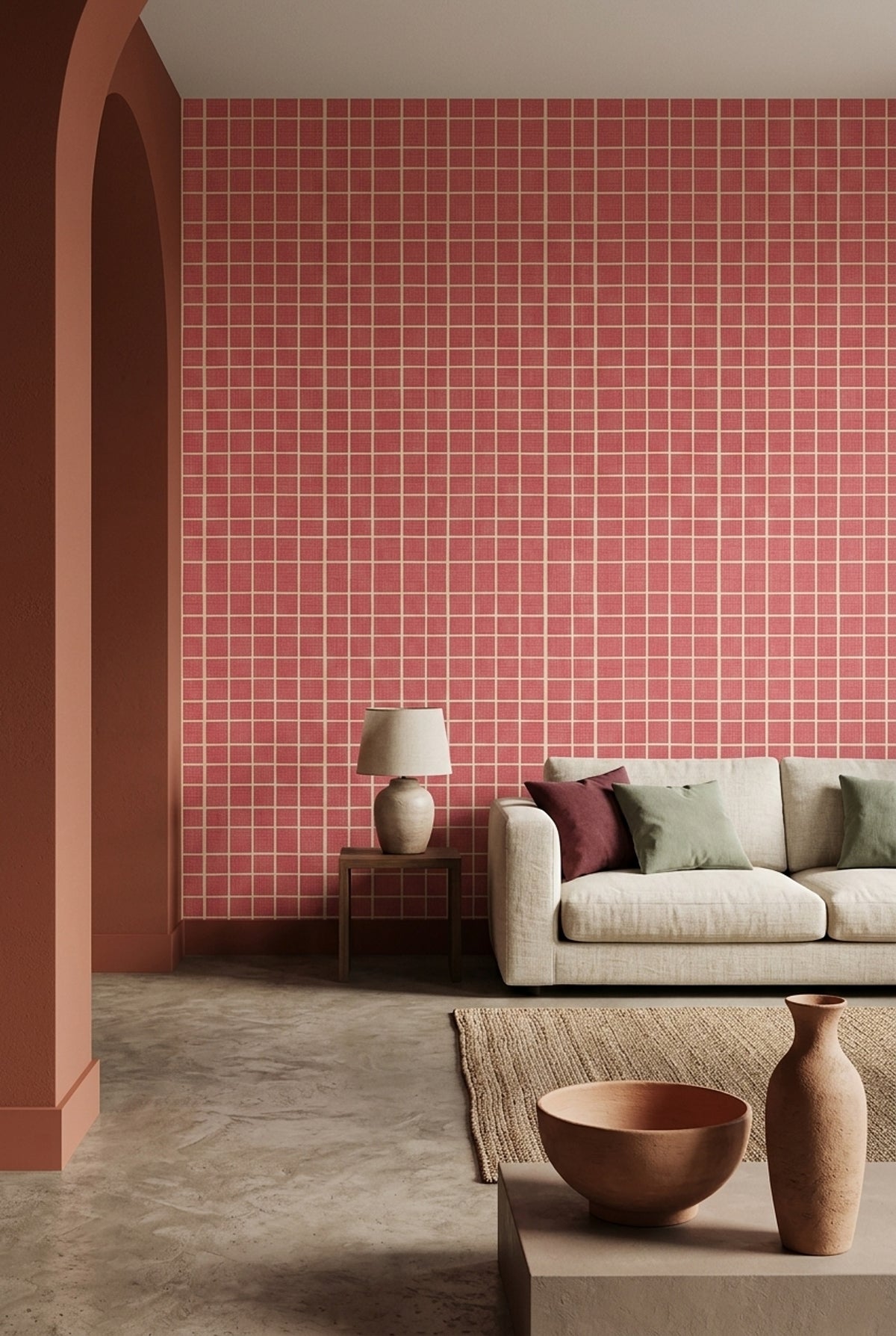 Red Grid Wallpaper Small Check Windowpane Pattern Woven Linen Texture