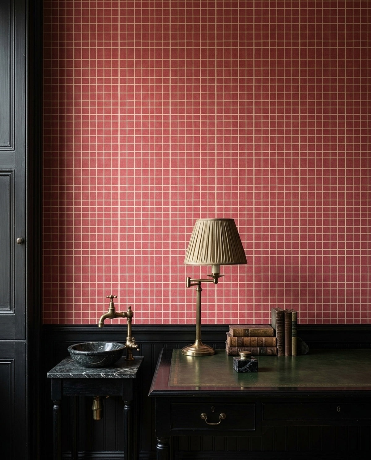 Red Grid Wallpaper Small Check Windowpane Pattern Woven Linen Texture