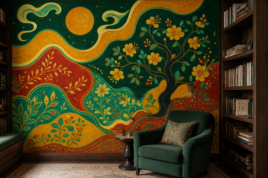 Folk Art Wall Mural Colorful Floral Tree Whimsical Landscape Decor